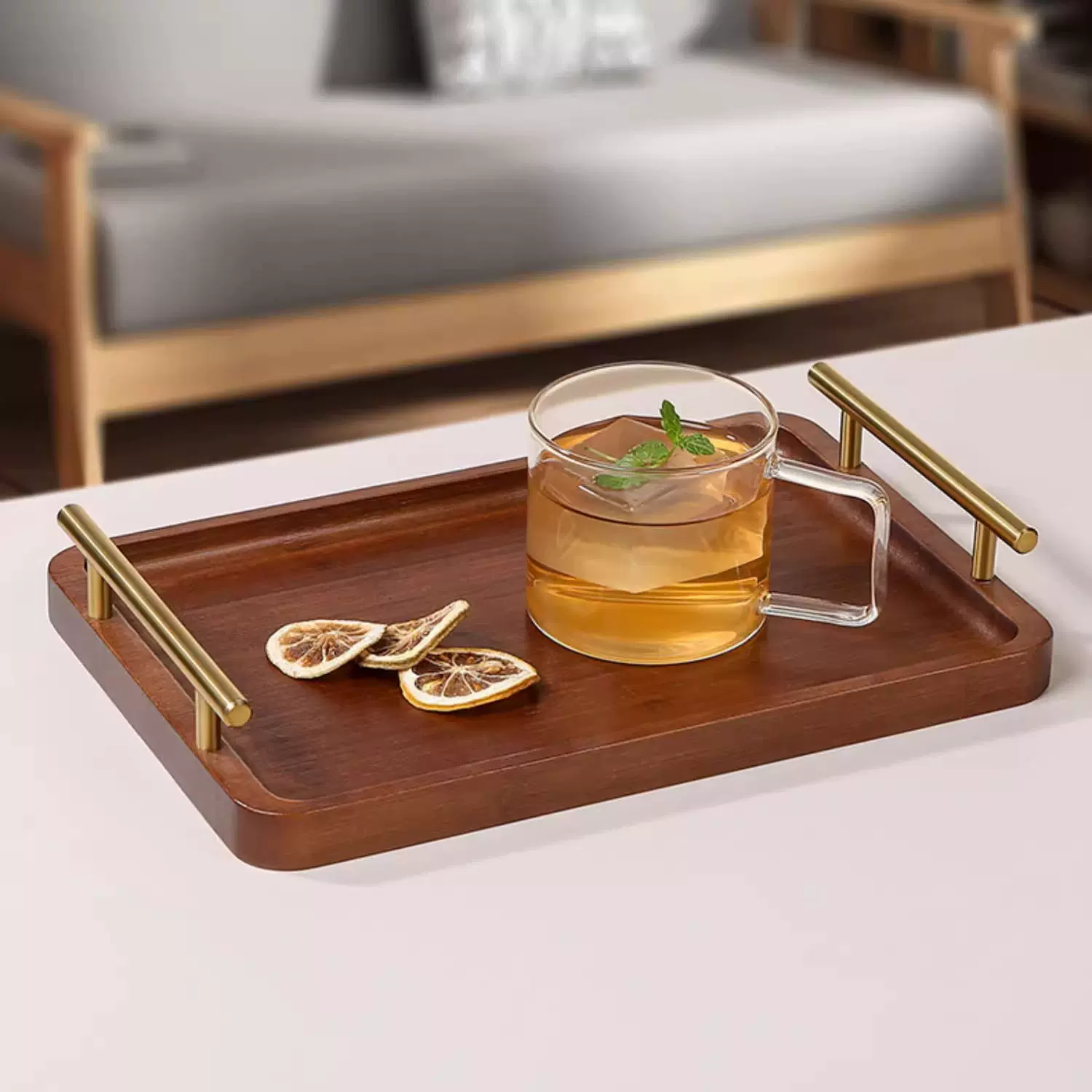 日式竹木托盘家用实木茶杯杯架收纳盘长方形点心小吃盘创意端餐盘