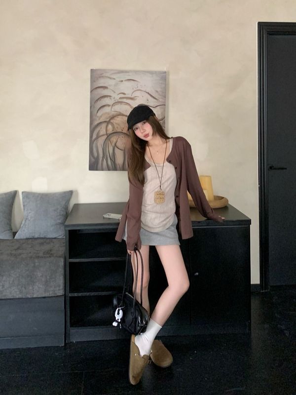 慵懒风套装设薄款长袖衬衫防晒衫女秋季内搭吊带背心松弛感两件套|undefined