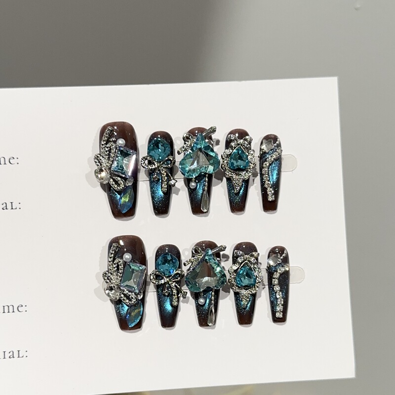 Purely Handmade Wearable Nails, High-End Blue Cat-Eye High-End Nail Art Pieces, European and American Heavy-Duty Full-Diamond Flash Fake Nail Patches Purely Handmade Wearable Nails, High-End Blue Cat-Eye High-End Nail Art Pieces, European and American Heavy-Duty Full-Diamond Flash Fake Nail Patches