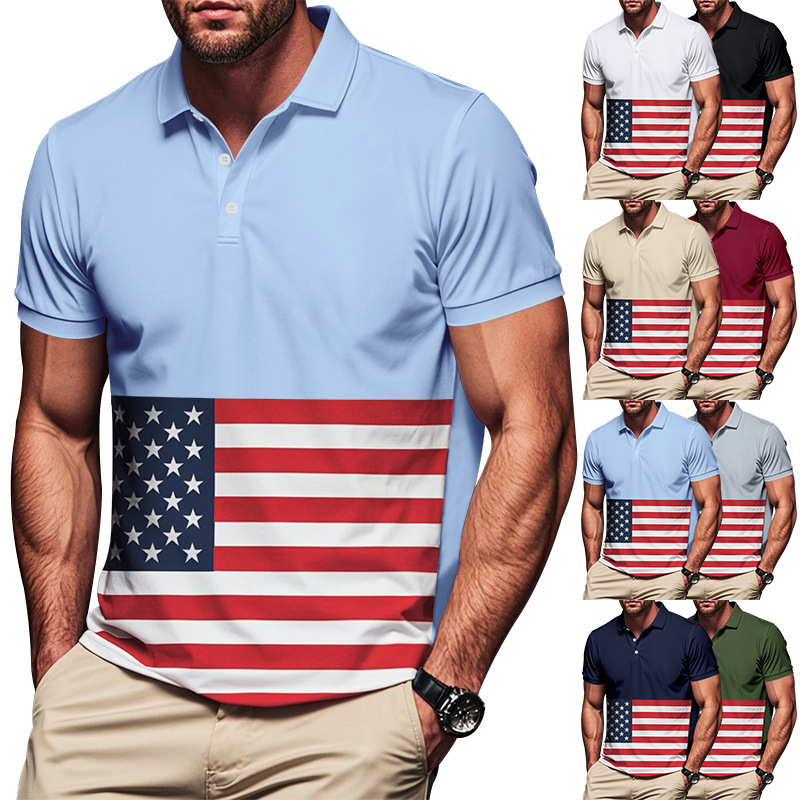 Europa y los Estados Unidos Amazon Hot Sale hombre botón de color coincidente camisa de polo de verano impresa con bandera nacional