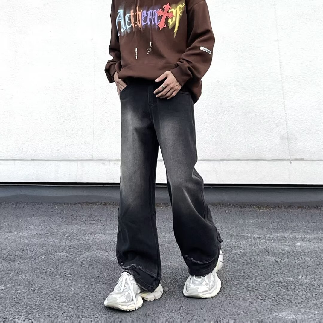 Moda retro 2024 primavera y otoño jeans estadounidenses hombres lavados y viejos jeans rectos sueltos de calle alta