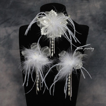法式超仙绢花新娘新款项链耳夹套装手工羽毛珍珠发饰气质晨袍配饰