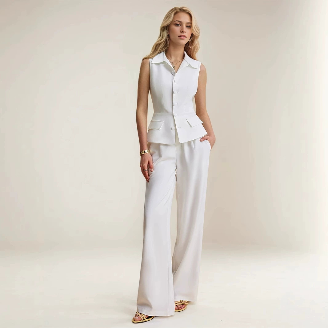 Европейские и американские модные повседневные наборы весной и летом новые трансграничные премиум-класса без рукавов лацканный воротник тонкая жилет широкие брюки для женщин