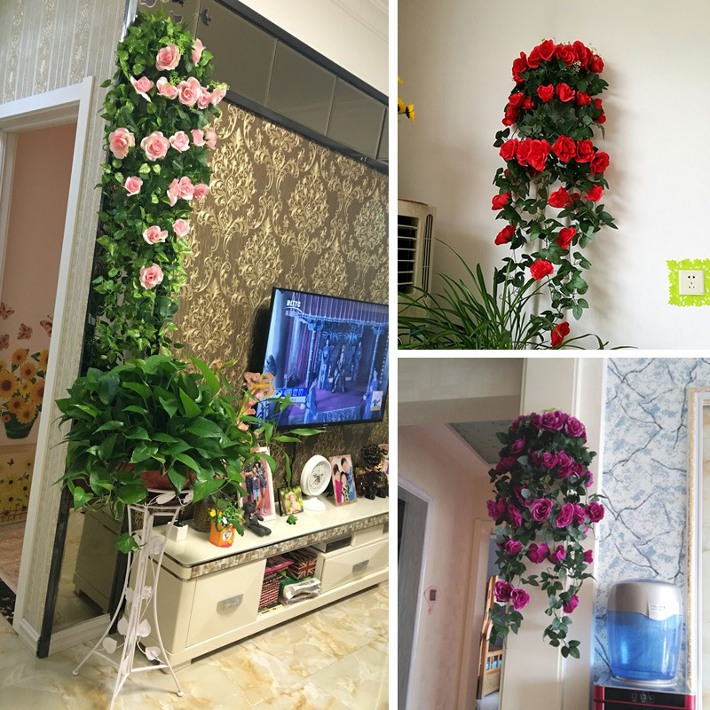 Simulación de rosa de pared colgante de flores falsas sala de estar interior techo de planta de pared de hierro forjado decoración de tubería de flores falsas rosa de pared