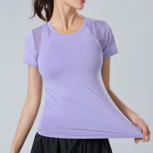  spring and summer yoga sports fitness tops round neck mesh breathable quick-drying short-sleeved tight elastic T-shirt