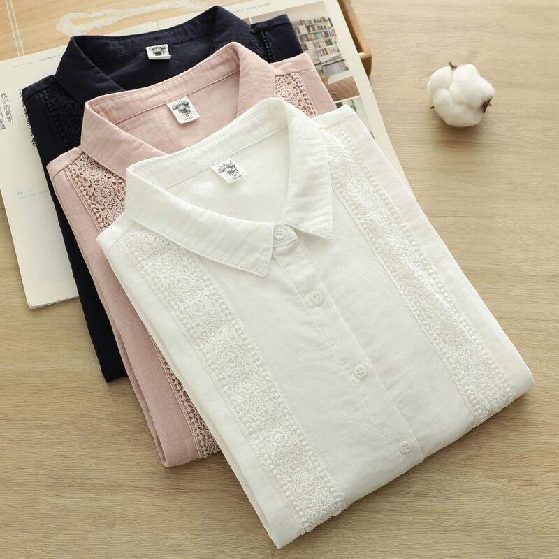 Factory Direct Sales Pure Cotton Cut Out Lace Splicing Women's Shirt Double Layer Cotton Yarn Korean Style Women's Shirt 86281 Factory Direct Sales Pure Cotton Cut Out Lace Splicing Women's Shirt Double Layer Cotton Yarn Korean Style Women's Shirt 86281