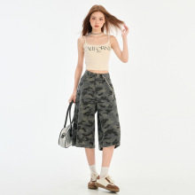 美式高街迷彩阔腿牛仔裤女2025年夏季宽松直筒中裤显瘦辣妹七分裤