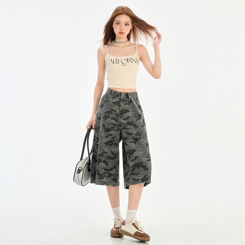 American-style High Street Camouflage Wide Leg Jeans Women's 2025 Summer Loose Straight Mid-length Pants Slim-fit Spice Girl Capri Pants