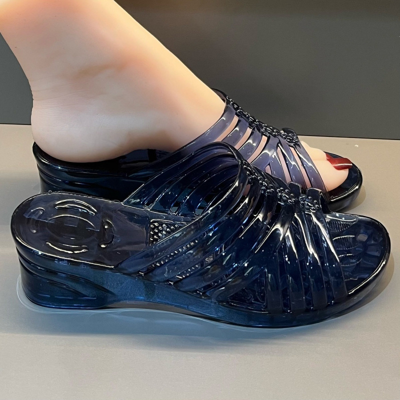 New Wedge-Heeled Slippers for Women, Soft-Soled Slippery Summer Jelly Shoes, Heightening Crystal Slippers for Women to Go Out with Thick Soles