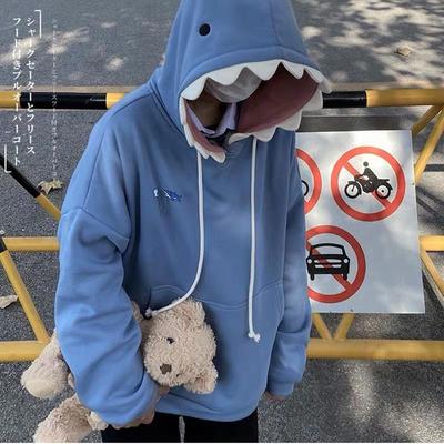 日系软妹鲨鱼帽可爱搞怪卫衣2021冬季新款加绒宽松学生设计感上衣