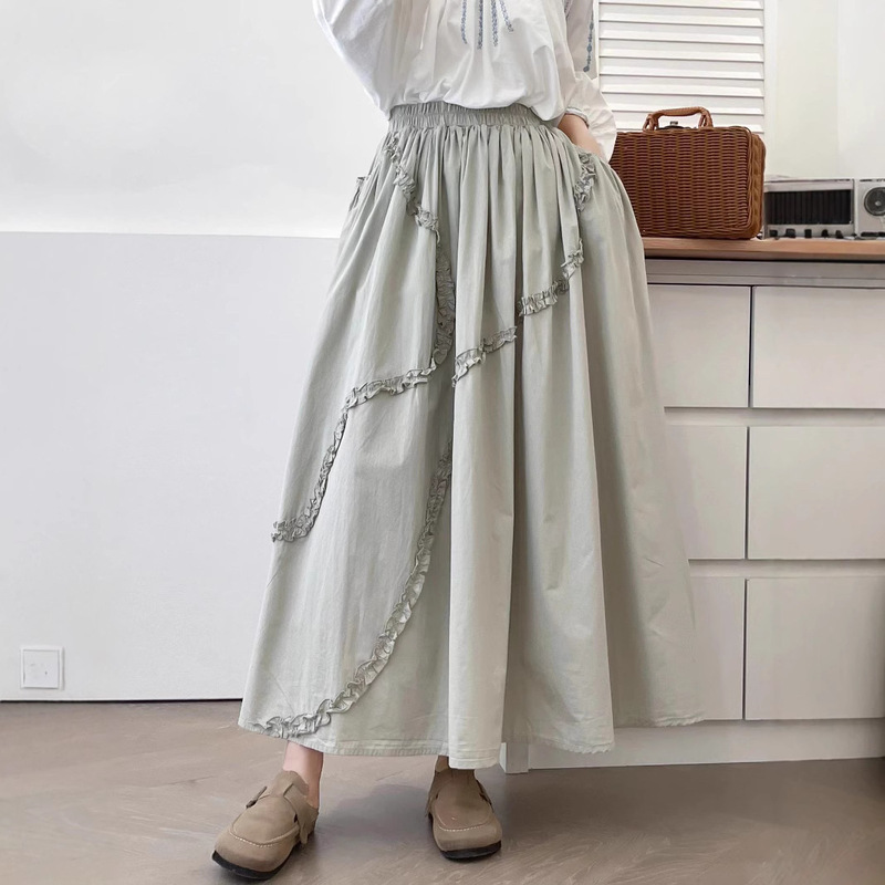 Japanese Style Cotton Skirt with Wood Ear Spring New Loose Casual All-match Age-reducing Small Fresh Large Umbrella Skirt