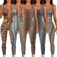 外贸女装印花无袖背心连体衣螺纹方领露背提臀修身运动连体裤现货