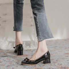 3326-1粗跟中跟瑪麗珍方頭高跟鞋女法式復古漆皮蝴蝶結小皮鞋單鞋