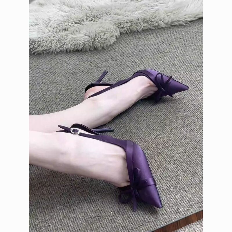 2026 New Model Purple Satin Bowknot Stiletto Sandals for Women, Pointed Toe French-Style Thin Heel Ankle Strap Sandals 2026 New Model Purple Satin Bowknot Stiletto Sandals for Women, Pointed Toe French-Style Thin Heel Ankle Strap Sandals