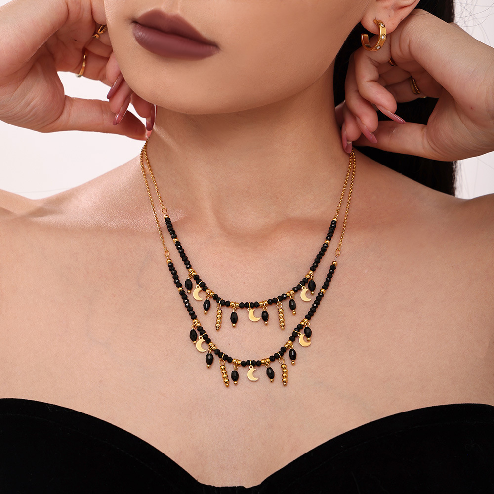 Sugar Cube Retro Temperament Black Crystal Moon Tassel Pendant Clavicle Necklace Stainless Steel Dark Queen Jewelry_voghion.com