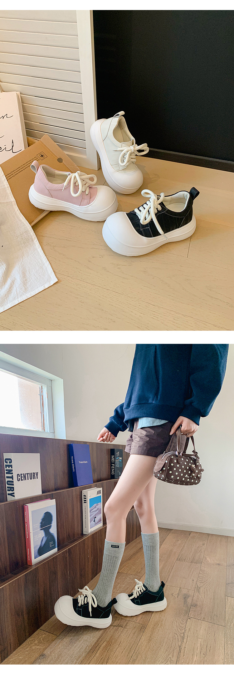 Giày sneaker nữ đế dày chunky mũi to phong cách bánh mì dây buộc tăng chiều cao — màu đen, màu hồng, màu trắng chi tiết 15