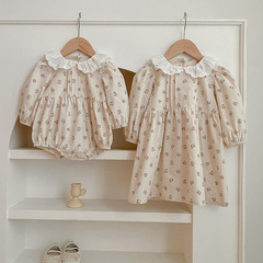 嬰兒衣服春新款女寶長袖包屁衣連體衣娃娃領碎花女童連衣裙姐妹裝