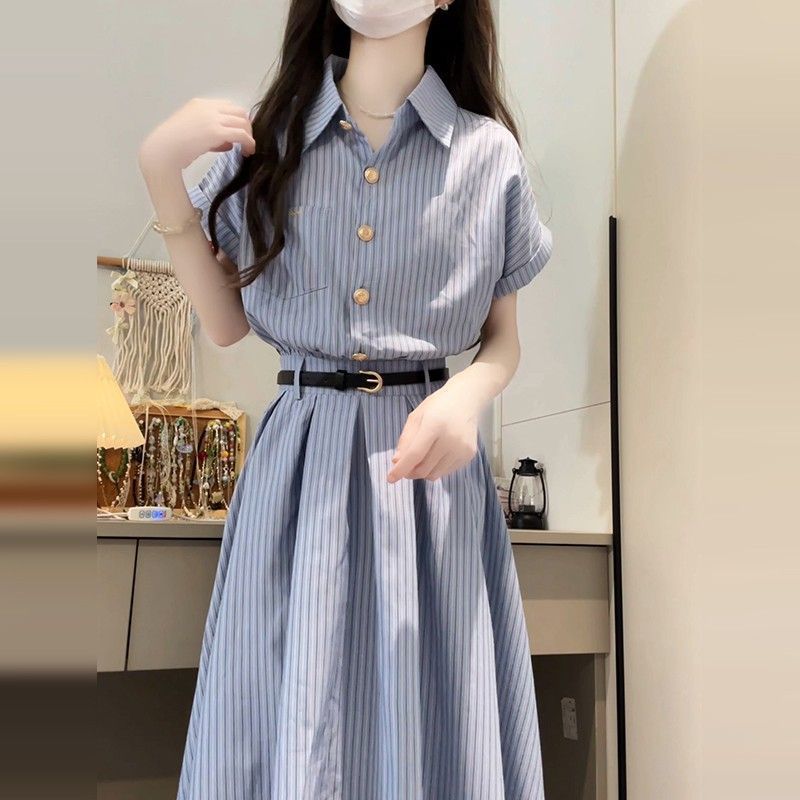韓国カレッジスタイルシャツドレスレディースユニークで美しいピンチウエストスカート2025年夏新作ウエストロングスカート|undefined