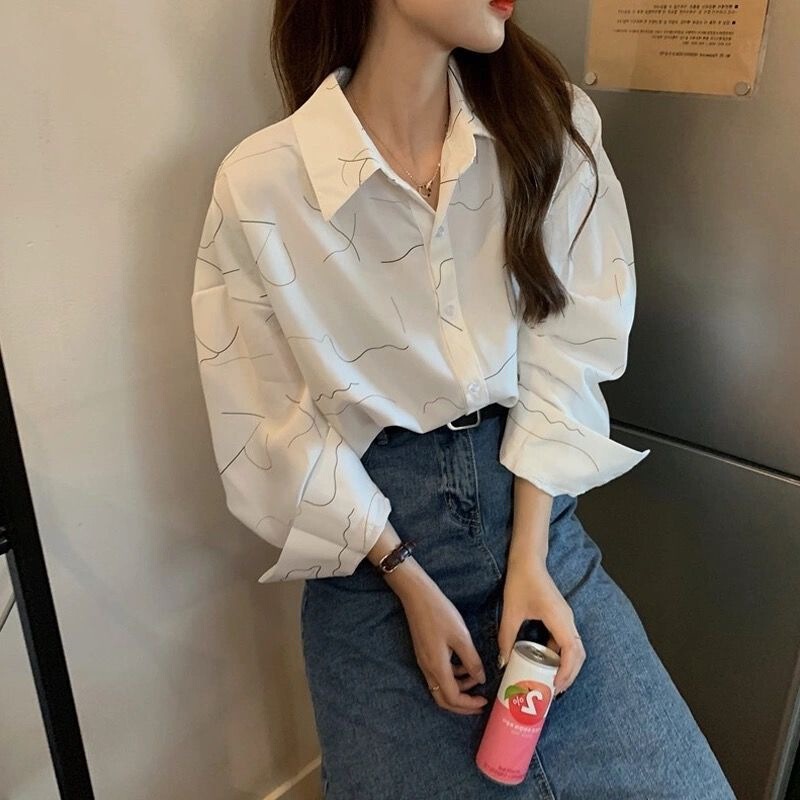 Personalized Printing ~ Retro Elegant Niche Hong Kong Style Long Sleeve Shirt Women's Spring and Autumn New Loose Casual Lapel Shirt Personalized Printing ~ Retro Elegant Niche Hong Kong Style Long Sleeve Shirt Women's Spring and Autumn New Loose Casual Lapel Shirt