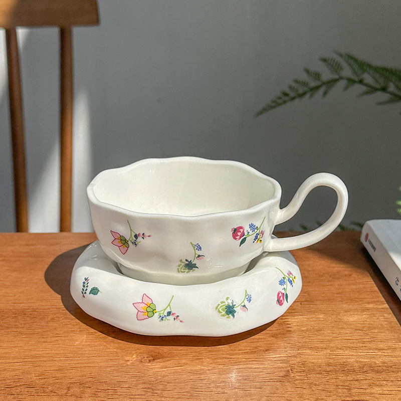 跨境热卖ins风 陶瓷高脚花朵咖啡杯碟小众下午茶碎花拿铁杯高颜值|undefined