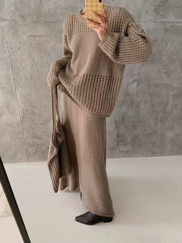 慵懒气质极简松弛感镂空针织衫女秋季显瘦百搭半身裙套装配包包|undefined