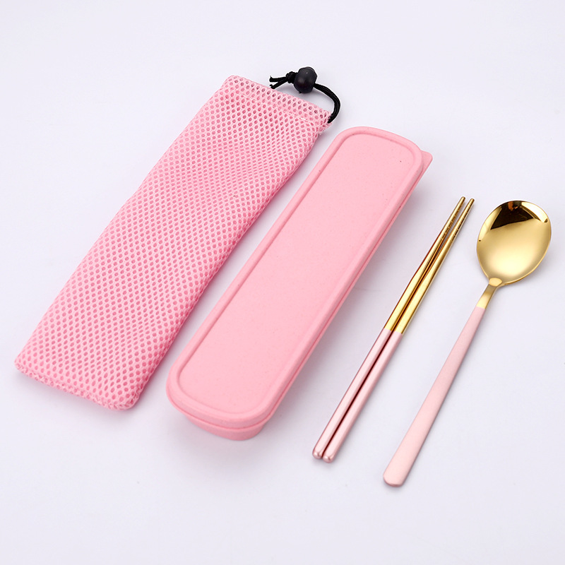 핑크 골드 스푼 젓가락 2 종 세트 (메쉬 백 포함)