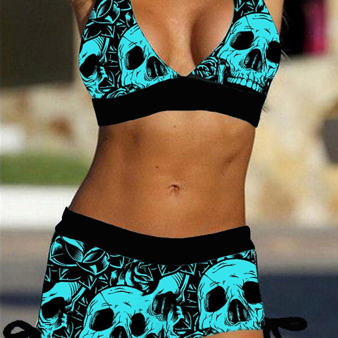 2025 New European and American Style Neck Boxers Swimsuit Bikini Conservative Skull Print Swimsuit Amazon