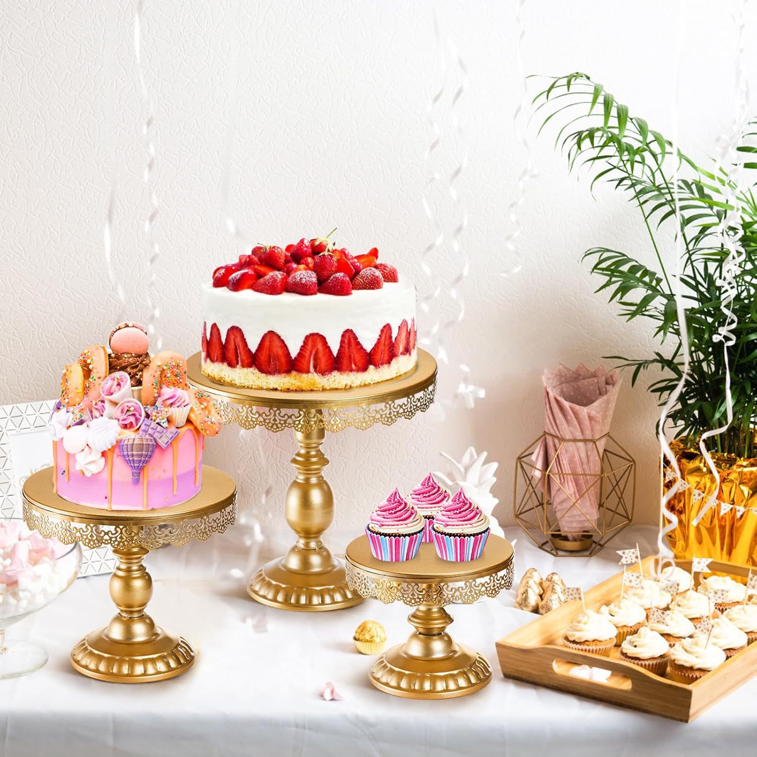 Amazon tres piezas de hierro forjado mesa de postres decoración estante de exhibición bandeja de pastel refresco estante de comida fría mesa de descanso de té