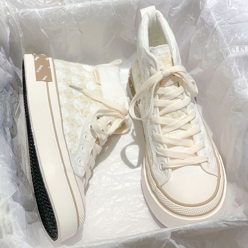 2025春季新款高帮帆布鞋女松糕厚底青年防滑运动休闲潮小白鞋