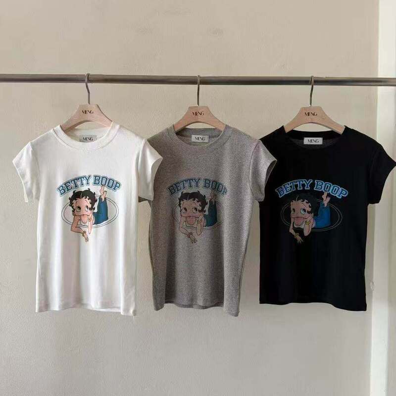 Korean Dongdaemun 2026 Spring/Summer New Round Neck Cartoon Betty Print Short Sleeve T-Shirt Slim Fit Trendy Top