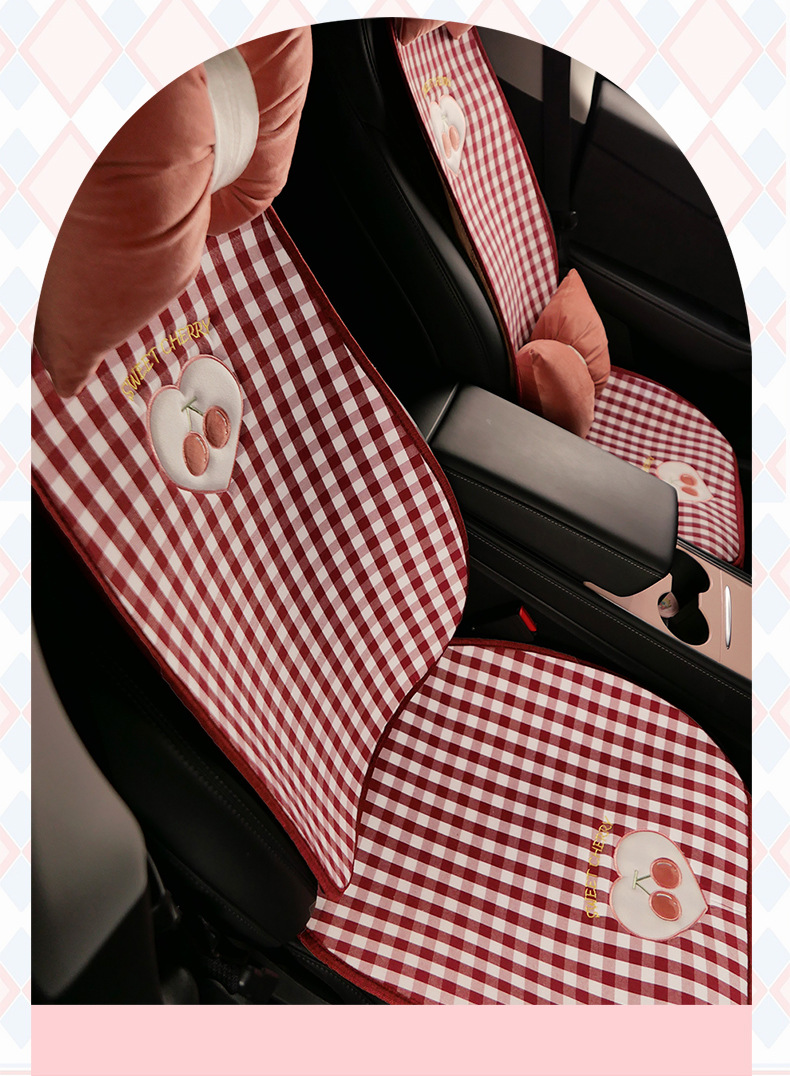 Plaid Cherry Car Cushion Four Seasons Universal Linen Single Piece Goddess Seat Cover Semi-enclosed Breathable Summer Day