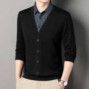 Live broadcast of the same fake two-piece knitted cardigan 2024 spring and autumn new middle-aged dad men's long sleeve T-shirt top