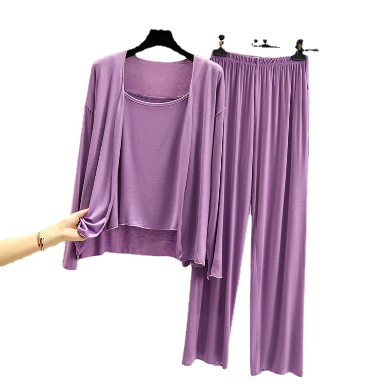 Primavera y verano pijamas rojos en línea pantalones modales de manga larga de tres piezas para mujer ropa para el hogar al aire libre casual se puede usar traje exterior