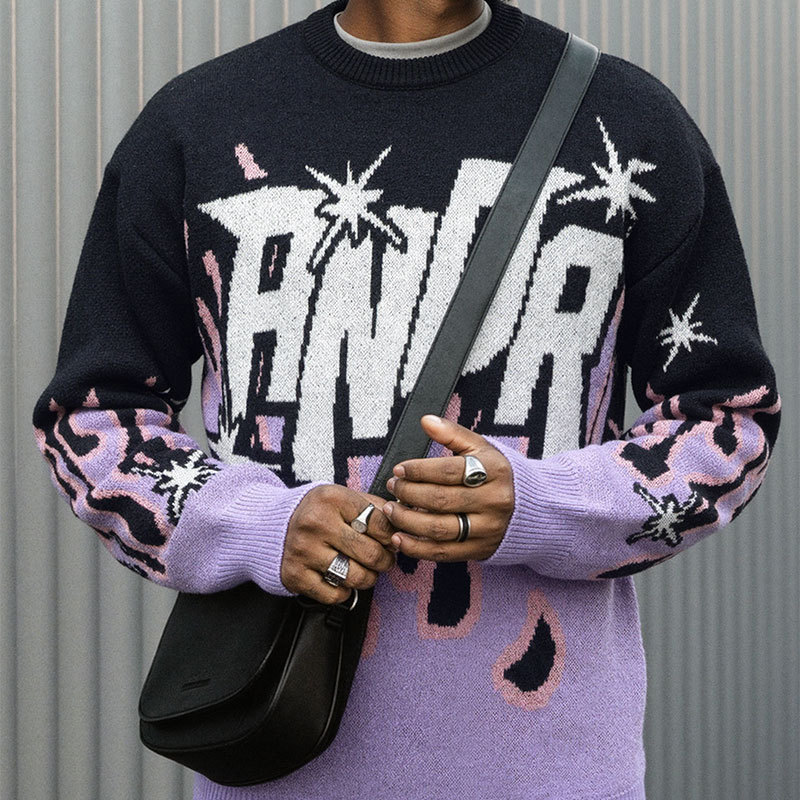 Andrei | American Retro Hip-Hop Flame Jacquard Pullover Sweater 2025 Autumn and Winter Loose-Fitting Couple's Knitwear. Andrei | American Retro Hip-Hop Flame Jacquard Pullover Sweater 2025 Autumn and Winter Loose-Fitting Couple's Knitwear.