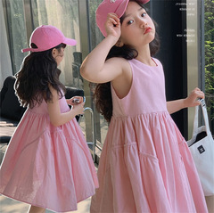 女童裝麻棉背心連衣裙2024新款夏季小女孩粉色短袖公主裙寶寶裙子