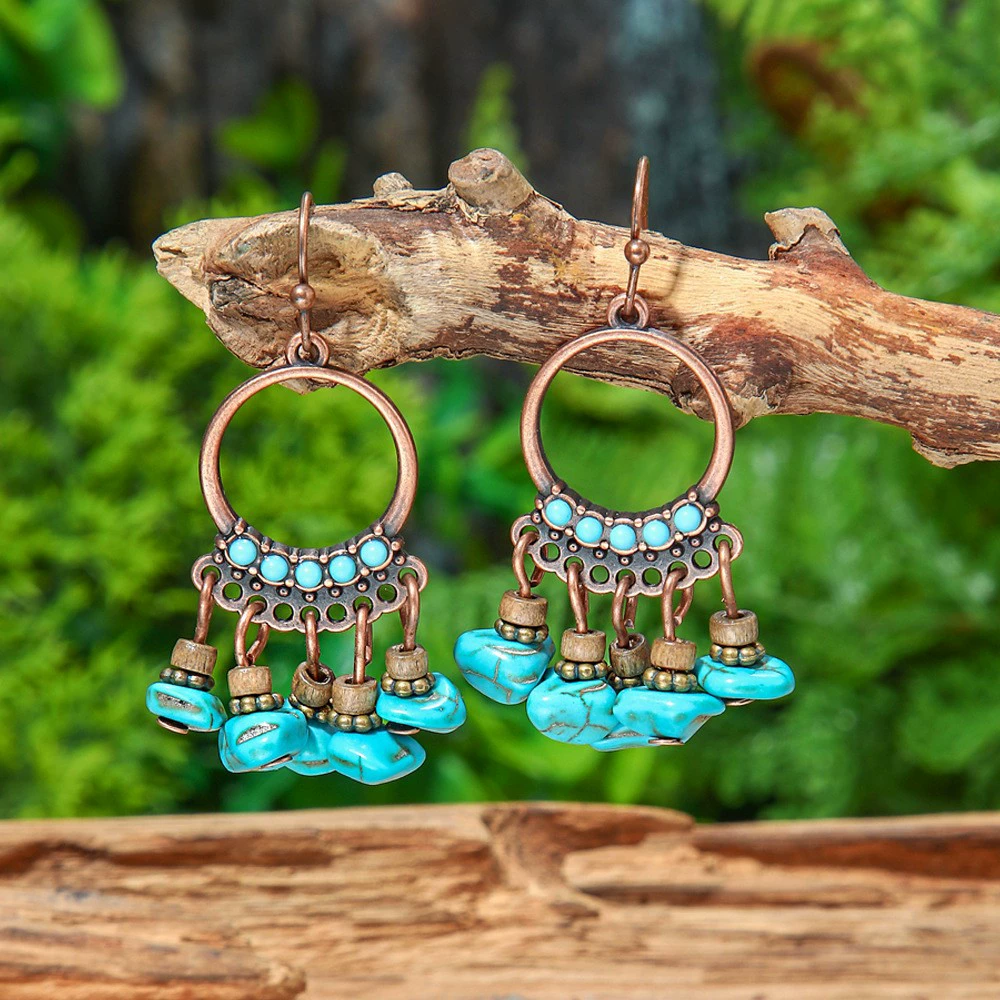 Woven Turquoise Boho Earrings, Handmade Tassel Drop, Lightweight 11.4 cm