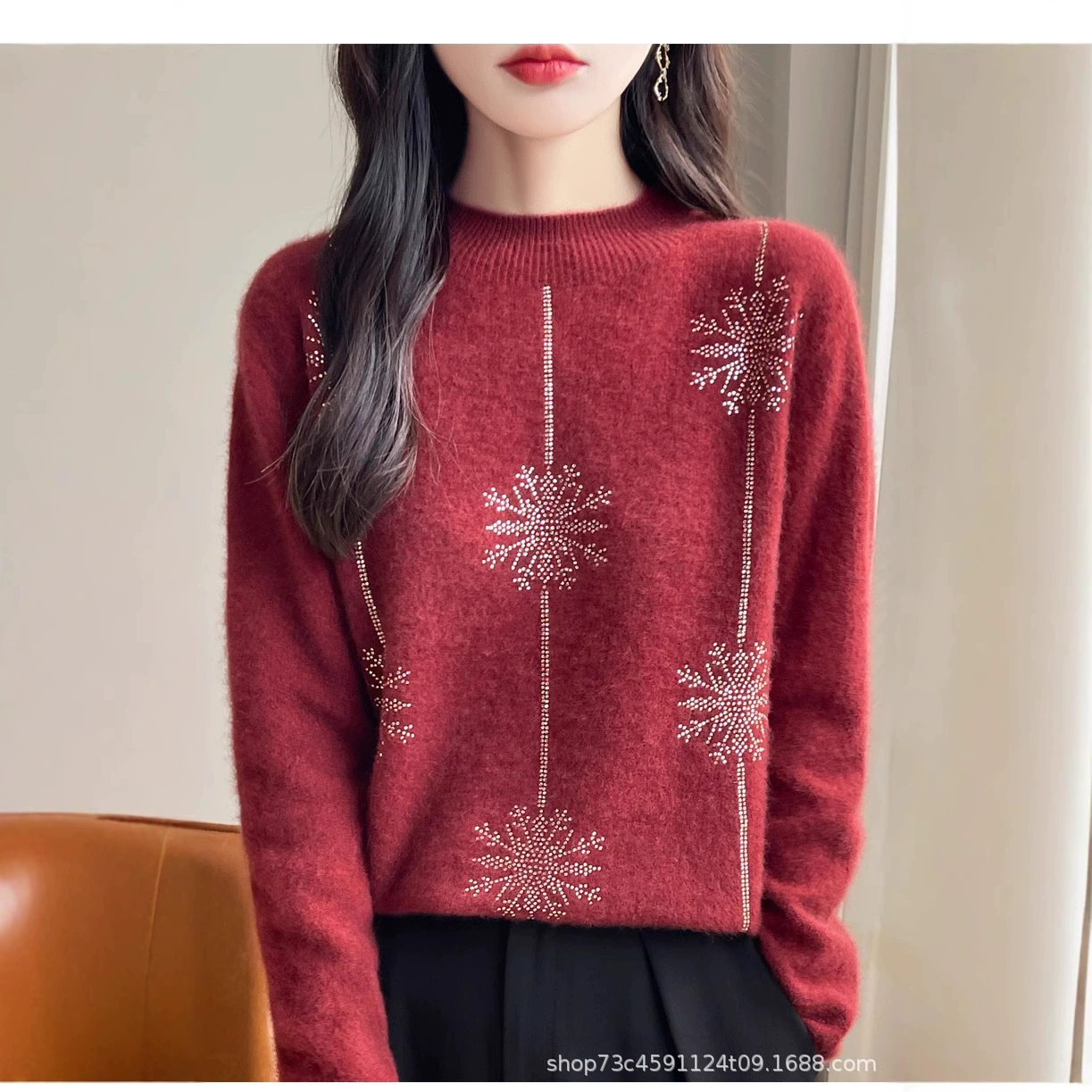2024 Женский новый кардиган с половинным воротником с горячим бриллиантом темпераментный свитер женский свободный пуловер вязаный нижний свитер свободный