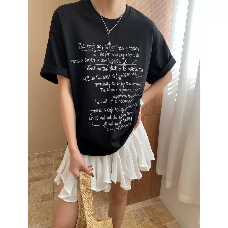 司南 博主松弛感 美式慵懒涂鸦字母印花圆领宽松短袖T恤 SN7231