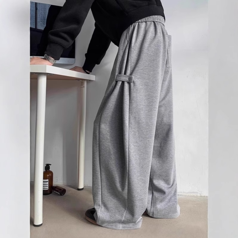 High-end Sense Grey Heavy-weight Wide-leg Sports Pants Men's Strap Design Sense Casual Pants Loose Dipped Pants