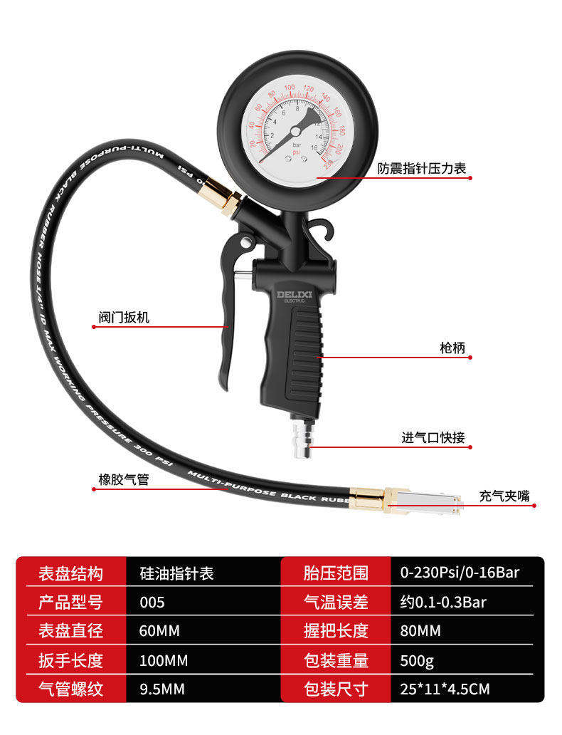 Suitable for Delixi Electric high-precision digital tire pressure gauge, tire inflation gauge, tire inflation meter, air pressure gauge