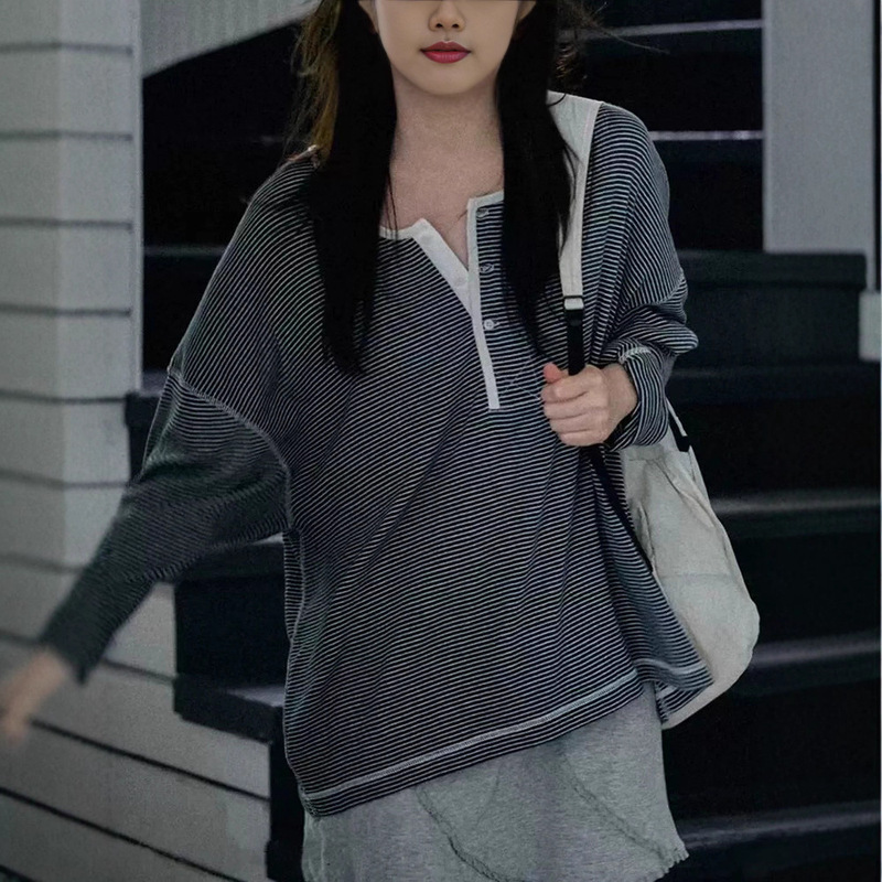 现货 条纹长袖T恤女2025秋季新款宽松休闲韩系翻领上衣viapla*n|undefined
