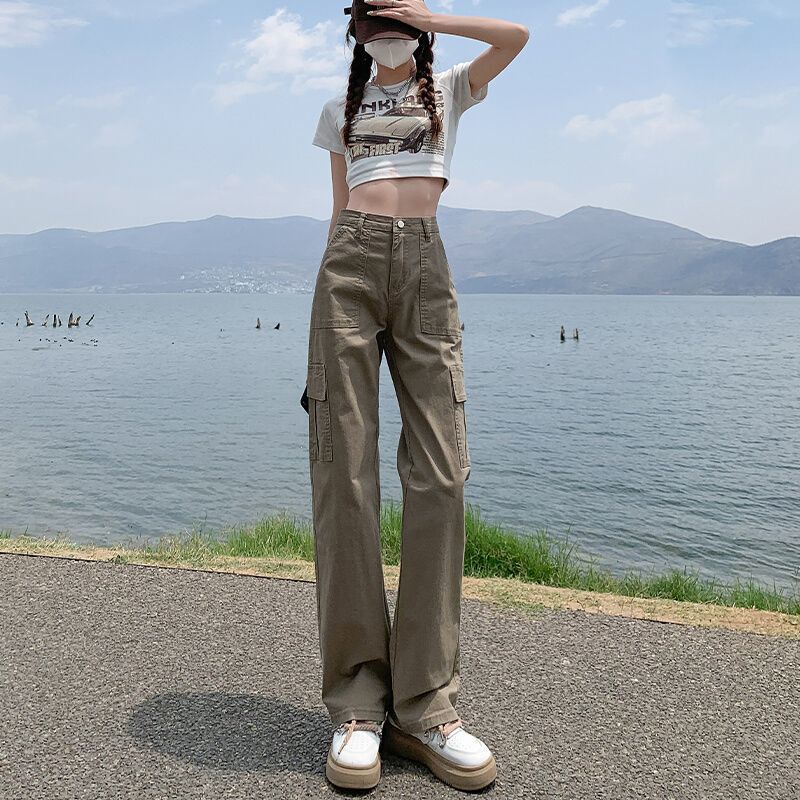 Khaki High-waisted Narrow Cargo Pants for Women Summer American Retro High Street Slim Casual Wide-leg Floor-length Jeans