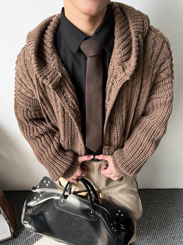 重磅麻花针织开衫男秋季美式复古连帽毛衣潮牌慵懒风纽扣情侣外套|undefined