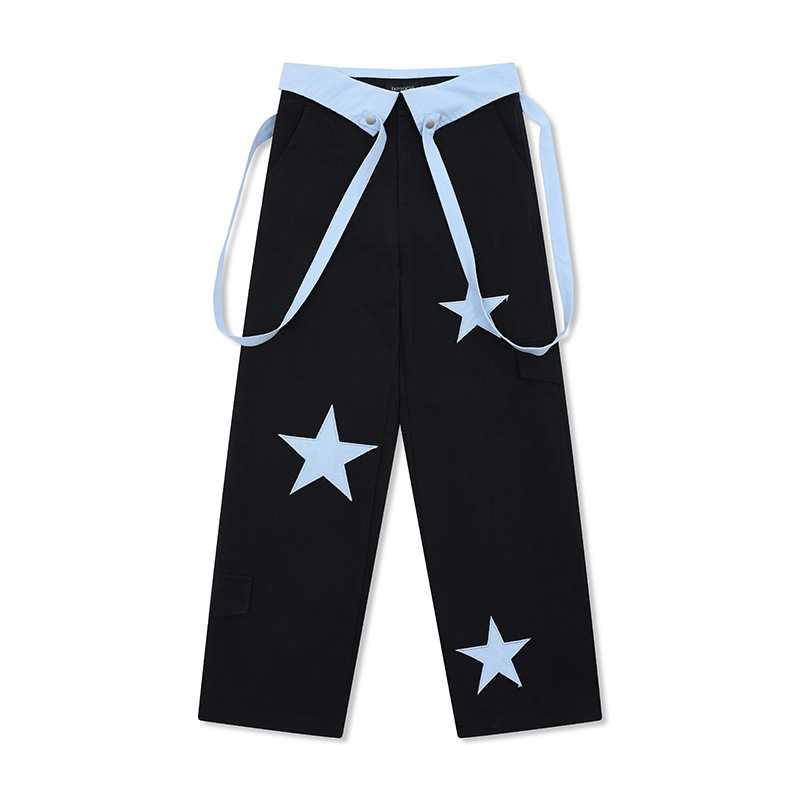 Summer Dopamine Wear American-style Waist-turned Caught Pants Cover Star Pad Embroidered Straight Hip-hop Vibe Mopping Pants
