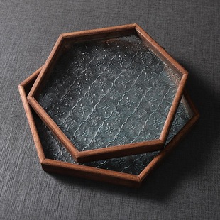 Retro Begonia Embossed Glass Tray Rectangular Fruit Tray Household Wooden Tea Tray Octagonal Tea Tray