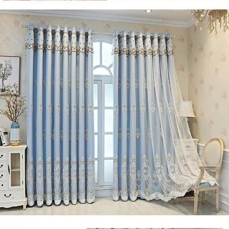 Cortinas de sombra de la Sala de estar europea, dormitorios terminados, protección solar, aislamiento térmico, ventanas flotantes, aterrizaje de un conjunto completo de bordados integrados de doble capa