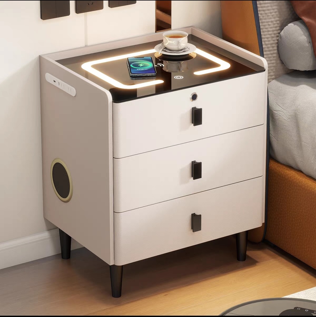 Smart Bedside Table, Simple Modern Solid Wood Bedside Cabinet, Light Luxury and High-End Bedroom Fingerprint Lock Small Storage Cabinet
