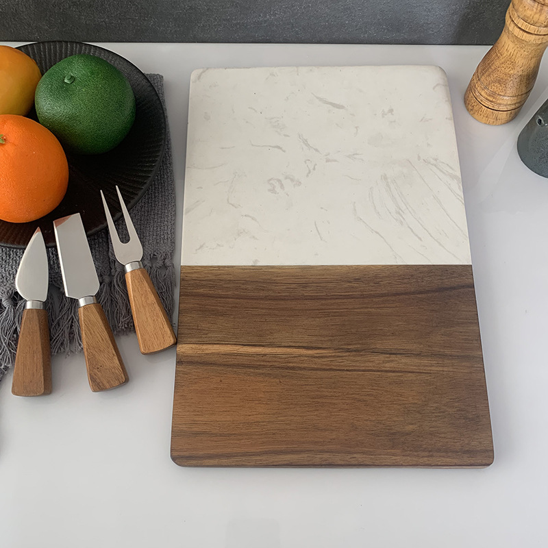 Tabla de queso de mármol con empalmes de madera de acacia, juego de cuchillos para queso con mango, juego de queso de cuatro piezas, cuchillo para pizza, tabla de cortar. image 5
