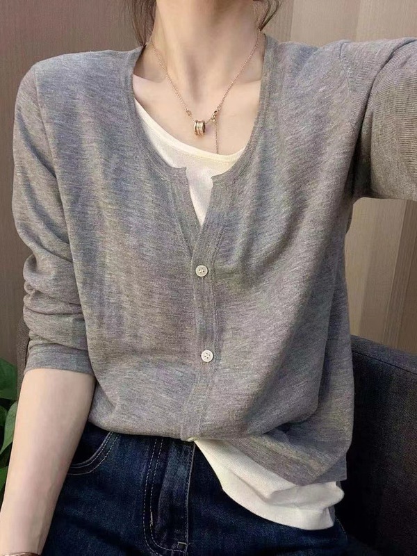 春秋新款轻薄精纺细羊毛开衫女假两件圆领超薄防晒针织衫外搭上衣|undefined