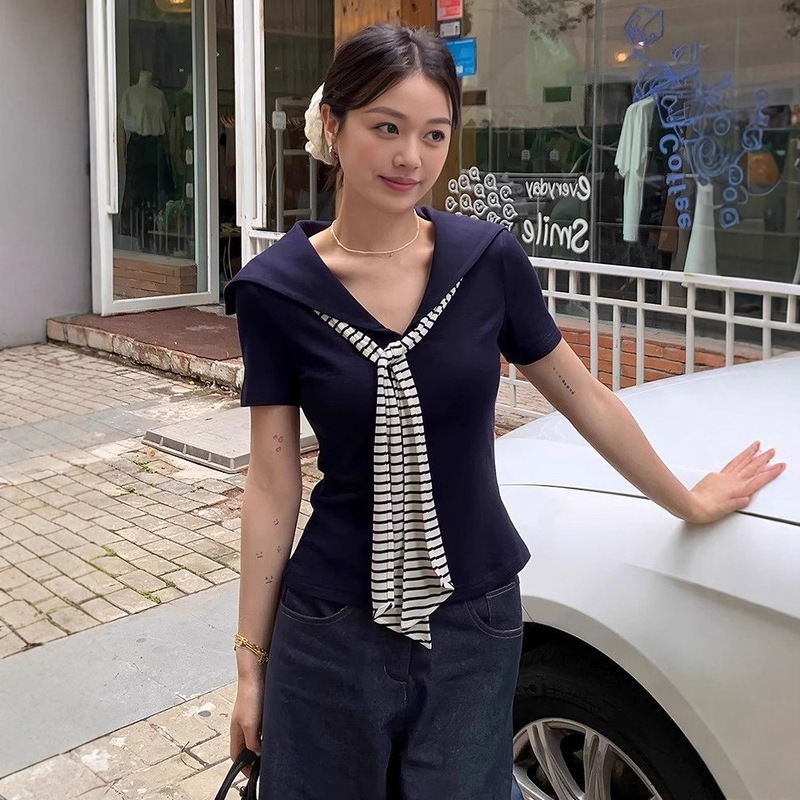 [260g Rayon Modal] American Navy Collar Short-Sleeved Women's Summer Stripesd Tie Contrast Slim Top